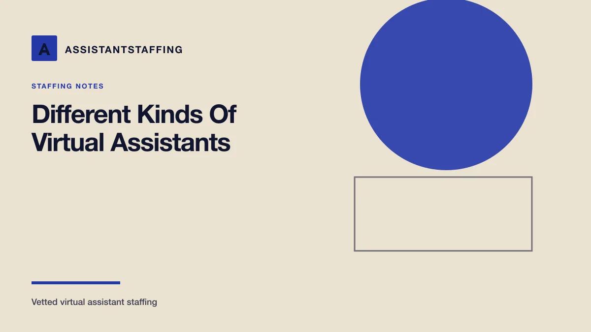 Branded editorial graphic with the headline: Different kinds of virtual assistants: a complete guide to VA types
