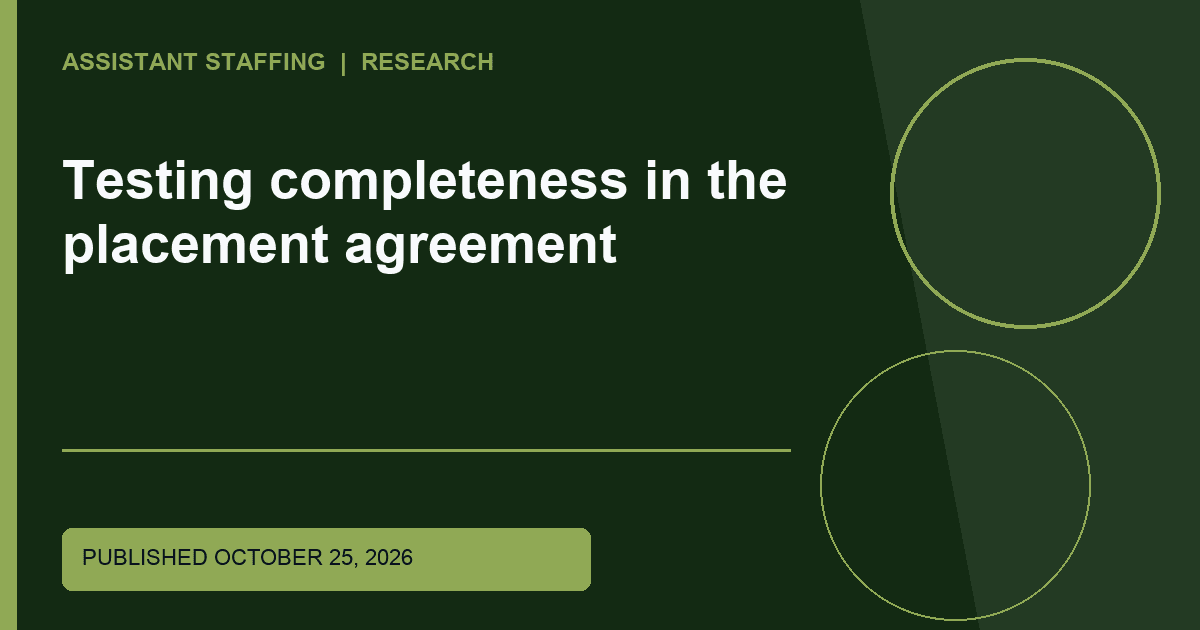 Branded editorial graphic with the headline: Testing completeness in the placement agreement