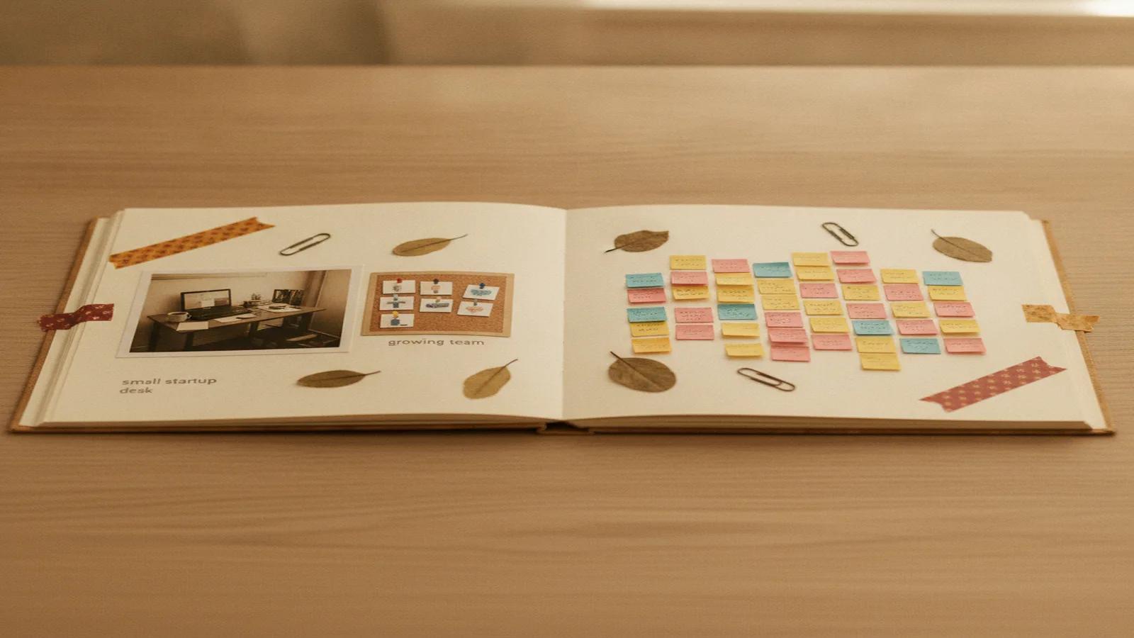 A planning scrapbook with sticky notes and a workspace photo