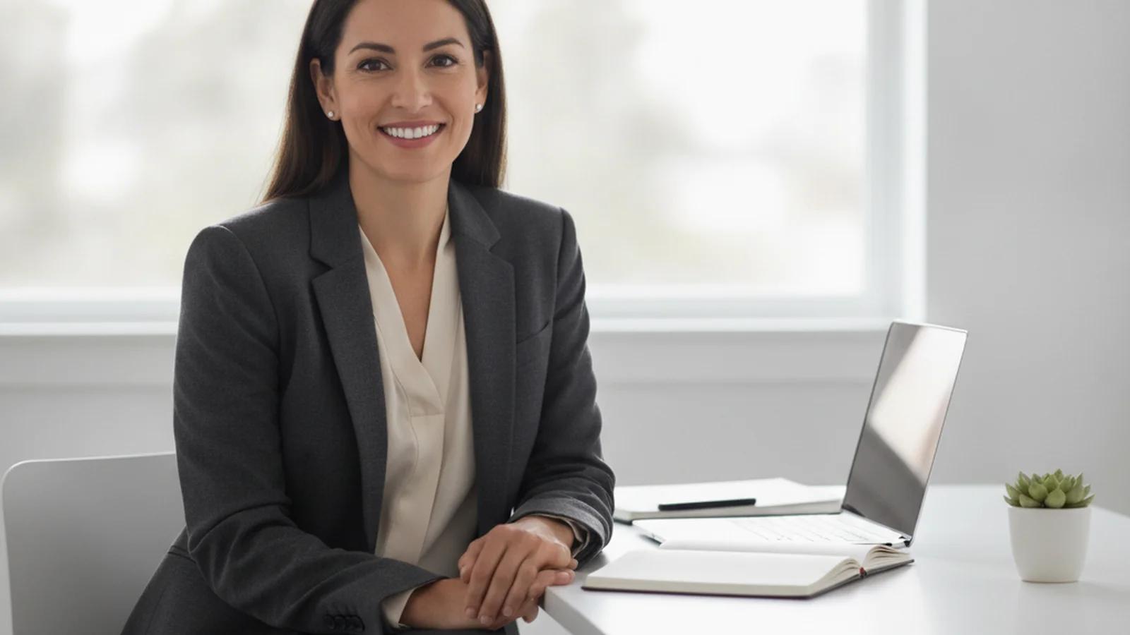 A professional working at a desk with a laptop and notebook