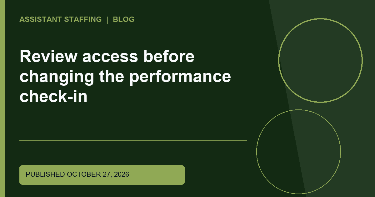 Branded editorial graphic with the headline: Review access before changing the performance check-in
