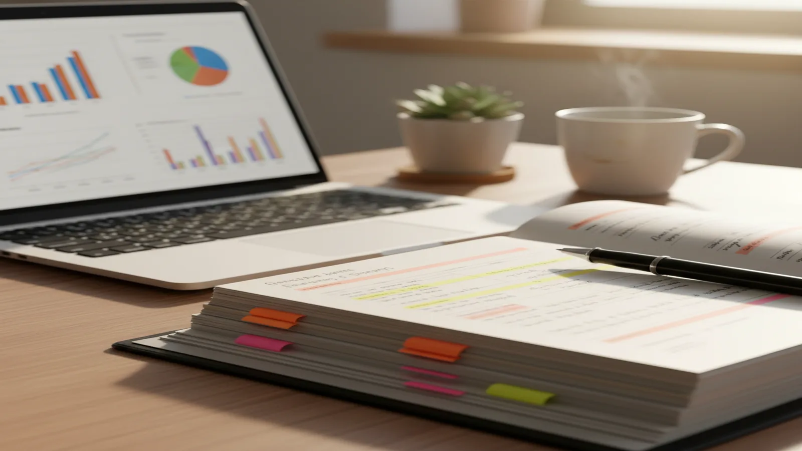 A laptop showing charts beside a notebook with highlighted notes